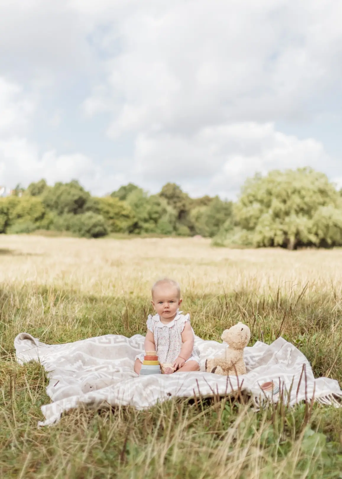 A baby girl in a floral dress sits on a patterned cream picnic blanket in a sunlit meadow, with a wooden stacking toy in front of her and a teddy bear beside her. Long grasses and trees stretch into the background under a partly cloudy sky.